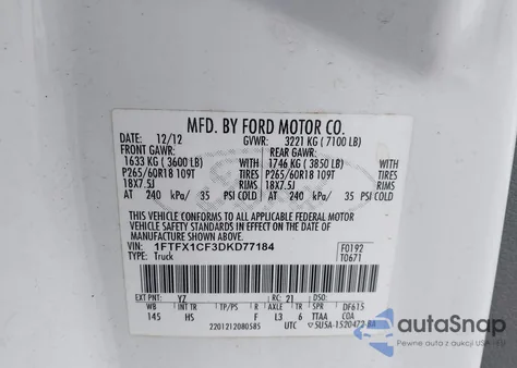 2013 Ford F150 Super Cab z USA, uszkodzony, nr VIN 1FTFX1CF3DKD77184